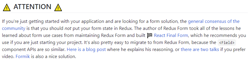 7affer's tweet photo. @sunilc_ Hol up a minute. Redux-form is not widely advised. Learned the hard way. Excerpt from the GitHub page for it: https://t.co/G0eN6IrhSN
