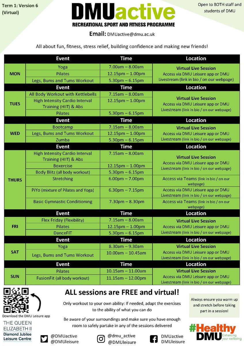 Have you taken part in one of the free live sessions that are on offer to all <a href="/dmuleicester/">dmuleicester</a> staff &amp; students 🤷‍♀️🤷‍♂️

There are a range of fun live fitness sessions that take place weekly🙌

Massive shoutout to <a href="/DMUleisure/">DMU Leisure Centre</a> who are delivering majority of the sessions 💚

#HealthyDMU