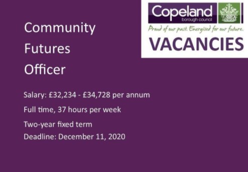 JOB OPPORTUNITY WITH <a href="/copelandbc/">Copeland Council</a> 

Vacancy: Community Futures Officer

This role will deliver community-based engagement and regeneration to reduce social inequalities in the <a href="/WhitehavenWell/">Well Whitehaven</a> area. 

For more information and to apply go to
sector1.net/.../144893/whi…

Pls RT
