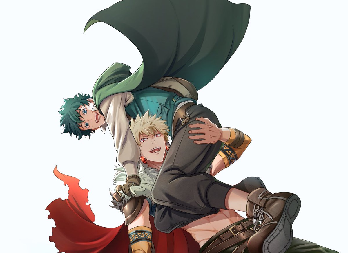 bakugou katsuki ,midoriya izuku multiple boys 2boys male focus cape blonde hair freckles green hair  illustration images