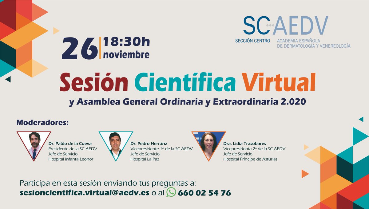 Este jueves 26 de noviembre a las 18:30h, tenemos una nueva cita con la #dermatología en la última #SesiónCientíficaDermatológica del año 2020. 
Una vez terminada la sesión dará comienzo la Asamblea General de la <a href="/sc_aedv/">Sección Centro de la AEDV</a>.
Os dejamos el enlace al programa:
seccion-centro.aedv.es/wp-content/upl…