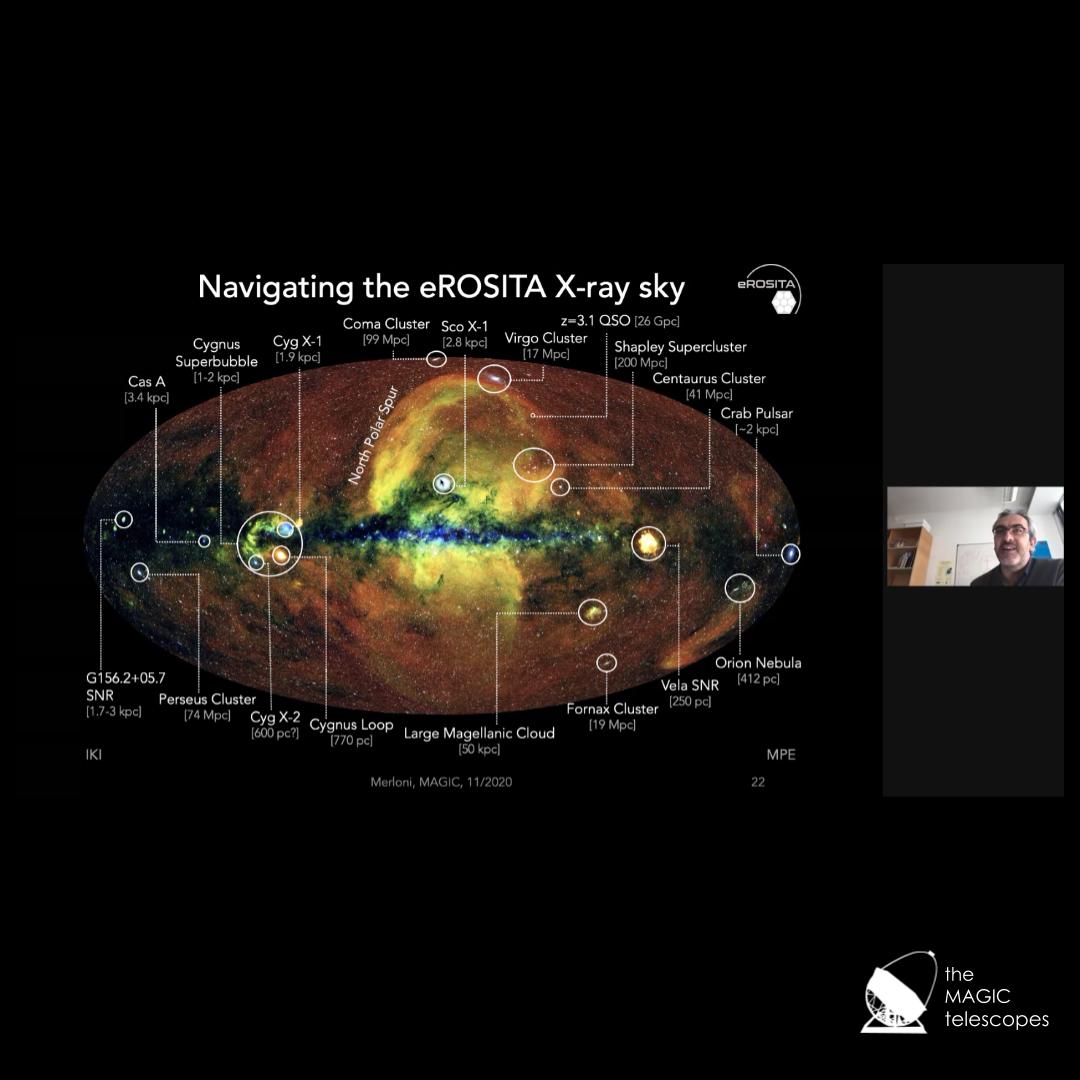 MAGICtelescopes's tweet photo. Here @andmerloni, @eROSITA_SRG Principal Investigator, shows the sky as seen with the 👀 of eROSITA after the first 6 months of observations.
#multimessenger #multiwavelength #telescopes #observatory #gammaray #astrophysics #science #experiment #research #physics #synergies (6/6) https://t.co/KOYL1rdRJt