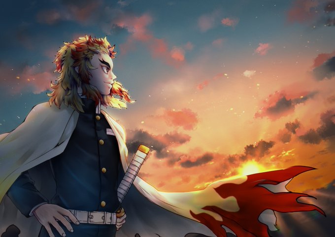 田中 舞(イラストレーター)10月壁紙カレンダー配布中🎃さんがTwitterに投稿した煉獄杏寿郎(鬼滅の刃)のイラスト。