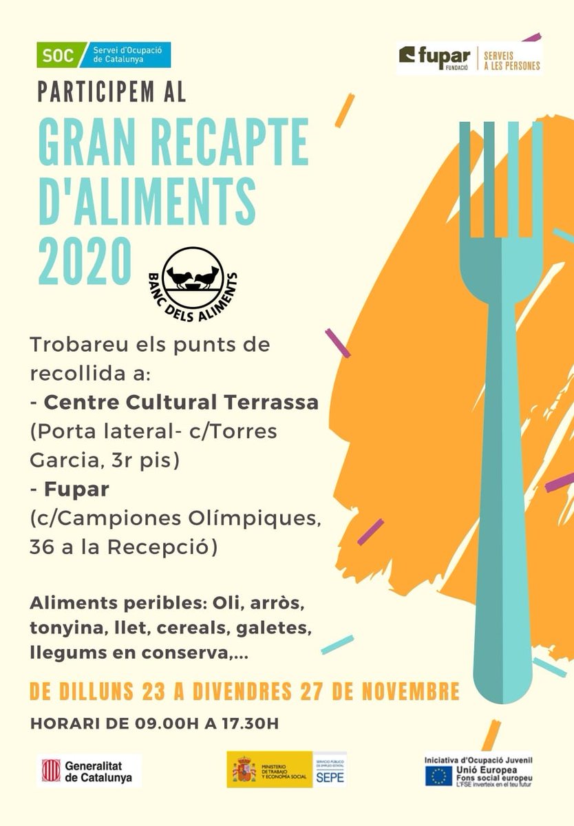 LaFACT_Fupar's tweet photo. 📢 Del 23 al 27 de novembre col·labora amb la campanya del Gran Recapte d'Aliments 2020 de la manera que puguis! 💚
👉 Aporta aliments als nostres punts de recollida (📍 #Fupar i @CCulturalTRS)🥛🍪🍚🥫
📲 Ajuda'ns a fer córrer la veu per fer-ho possible!🙏
#GranRecapte2020 https://t.co/6h4xpt67qQ