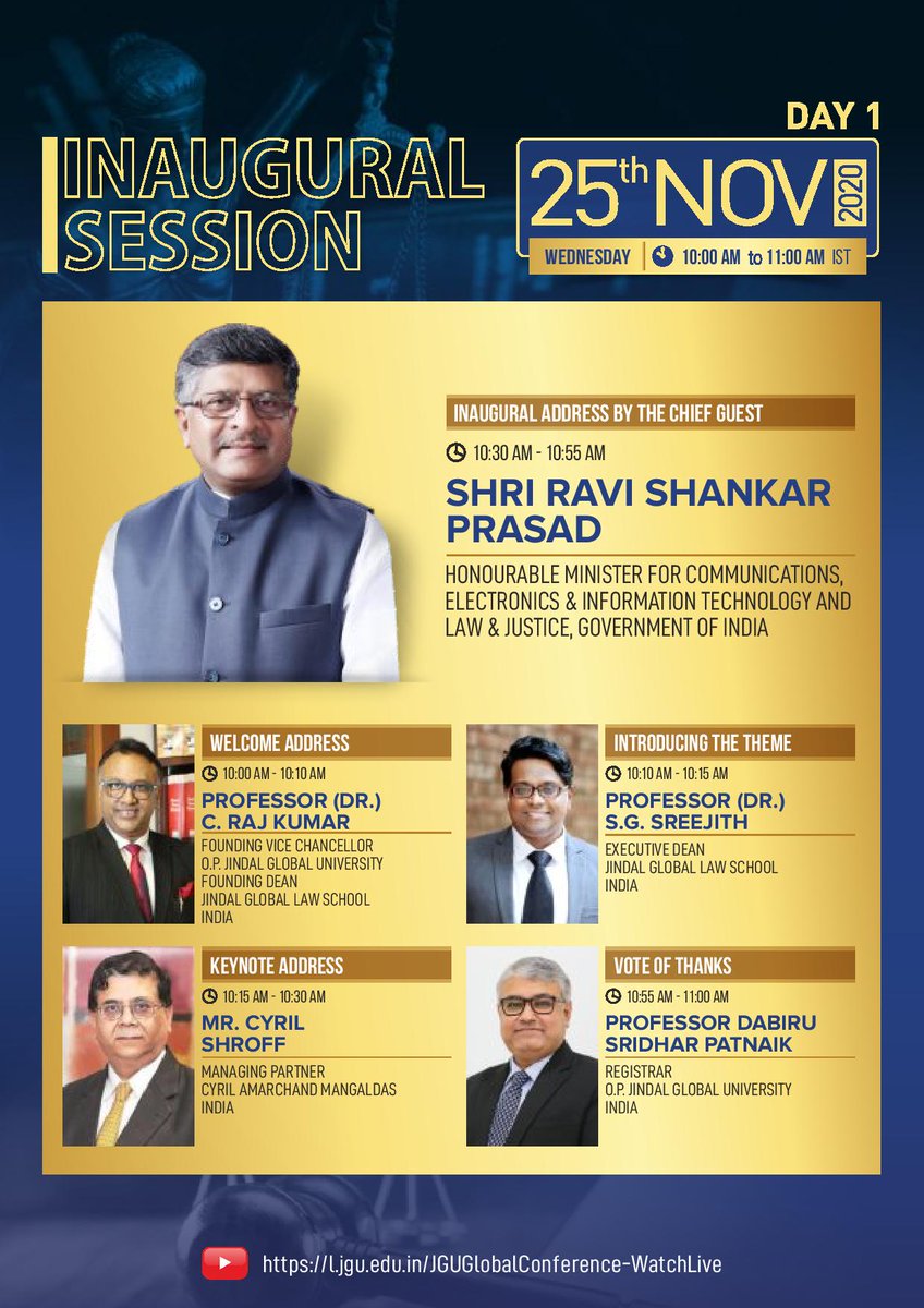 Jgu Inaugural Session Address By Union Law Minister Shri Rsprasad At The Global Virtual Conference On Reimagining Transforming The Future Of Law Schools And Legal Education On 25th Nov