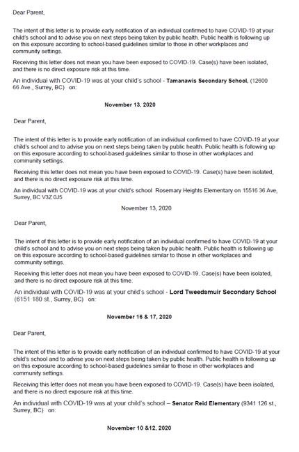 Surrey_Schools's tweet photo. Today we shared COVID notifications with school communities at Royal Heights, Cedar Hills, LA Matheson, Frank Hurt, Semiahmoo, Earl Marriott, Lord Tweedsmuir, Tamanawis, Rosemary Heights, Senator Reid. Thank you to @Fraserhealth and school staff, students and parents #sd36learn https://t.co/i3sJBTSrYY
