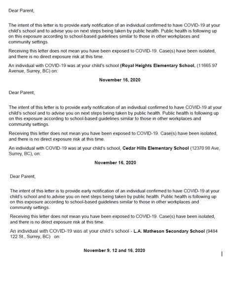 Surrey_Schools's tweet photo. Today we shared COVID notifications with school communities at Royal Heights, Cedar Hills, LA Matheson, Frank Hurt, Semiahmoo, Earl Marriott, Lord Tweedsmuir, Tamanawis, Rosemary Heights, Senator Reid. Thank you to @Fraserhealth and school staff, students and parents #sd36learn https://t.co/i3sJBTSrYY