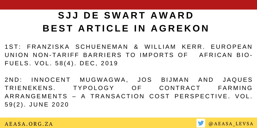 AEASA_LEVSA's tweet photo. Best Ag Economics research published in #Agrekon journal. Agrekon is a quarterly publication of AEASA. Congratulations 👏🏽👏🏽👏🏽 https://t.co/H0K3nIVlzB #AEASA2020 https://t.co/mSoL5uW2lR