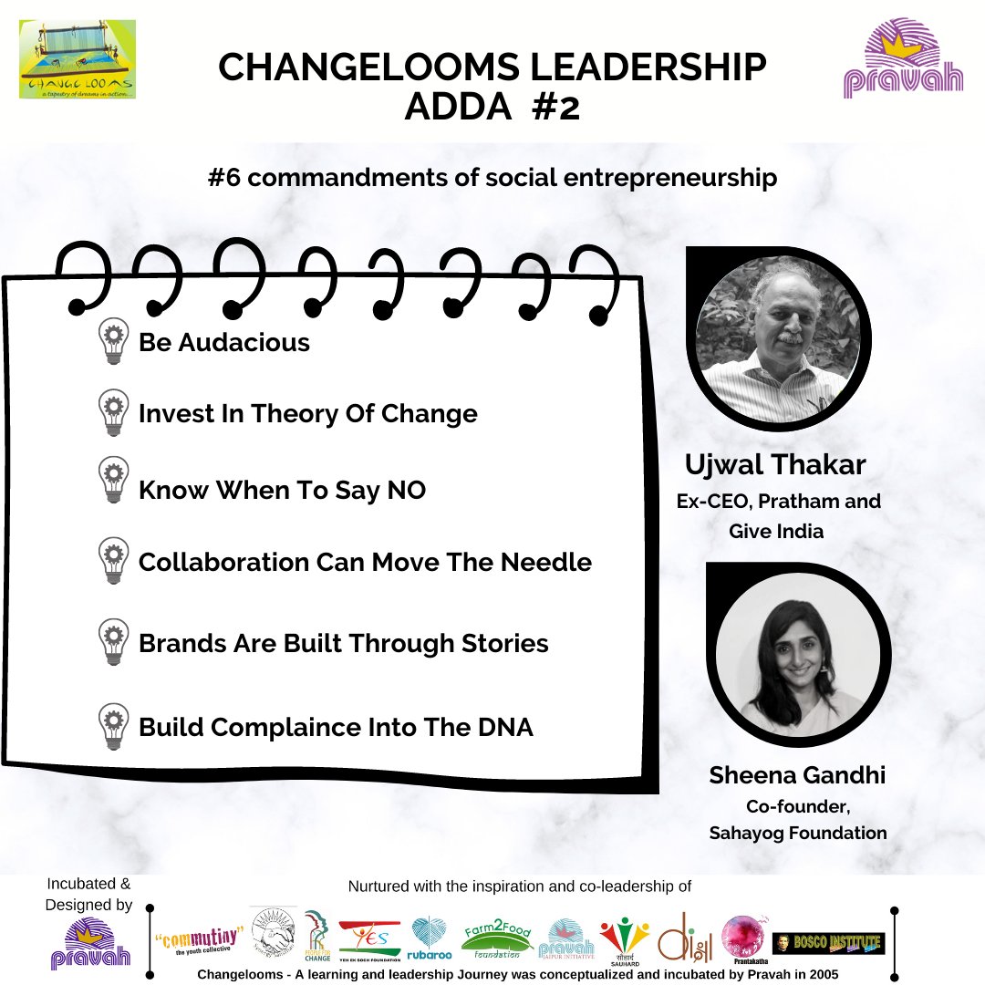 Pravah01's tweet photo. From the enriching candid conversation with Ujwal Thakar & Sheena Gandhi we bring to you the #6commandments-pearls of wisdom from them that is a key to success for any social entrepreneurial journey. Watch this space for more!
#changelooms #socent #socialentrepreneurship https://t.co/U5a3KvVex7