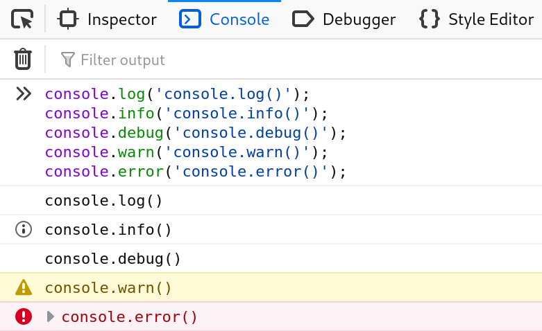 * The most common Console methods:console.log() – For general output of logging information.console. info() – Informative logging.console.debug() – A message to the console with the log level debug.console.warn() – A warning message.console.error() – An error message.
