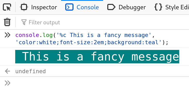 * Custom CSS styles for a console.log():The `console.log` output can be styled in DevTools using the CSS format specifier.