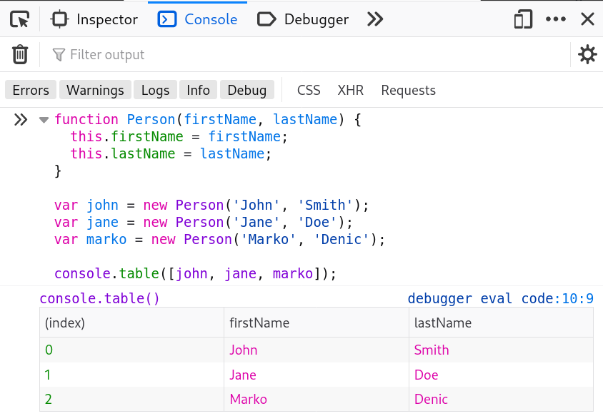 * `console.table()`:Displays tabular data as a table.