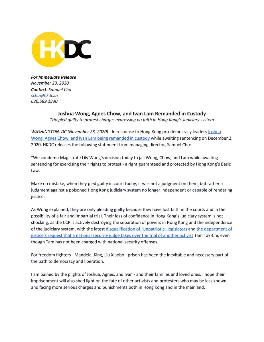 hkdc_us's tweet photo. For freedom fighters - Mandela, King, Liu Xiaobo - prison has been the inevitable and necessary part of the path to democracy and liberation.

We stand with @joshuawongcf @chowtingagnes #IvanLam and all who are imprisoned for their beliefs in Hong Kong and Mainland. https://t.co/Q2EkTmjydn