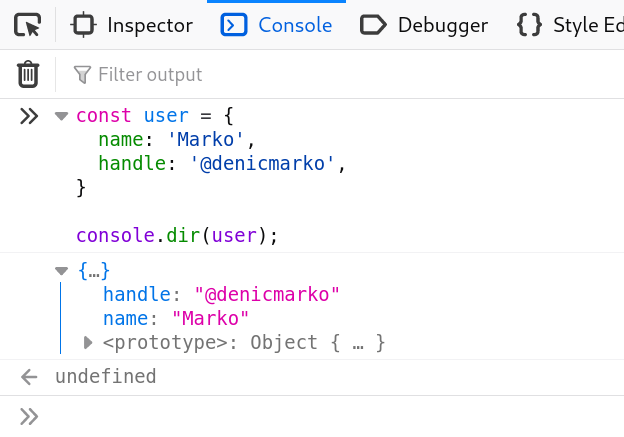 * `console.dir()`:Displays an interactive list of the properties of the specified JavaScript object.