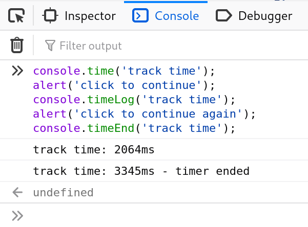 * `console.time()` and `console.timeEnd()`:console.time() – Starts a timer with a name specified as an input parameter. Up to 10,000 simultaneous timers can run on a given page.console.timeEnd() – Stops the specified timer and logs the elapsed time in seconds since it started.