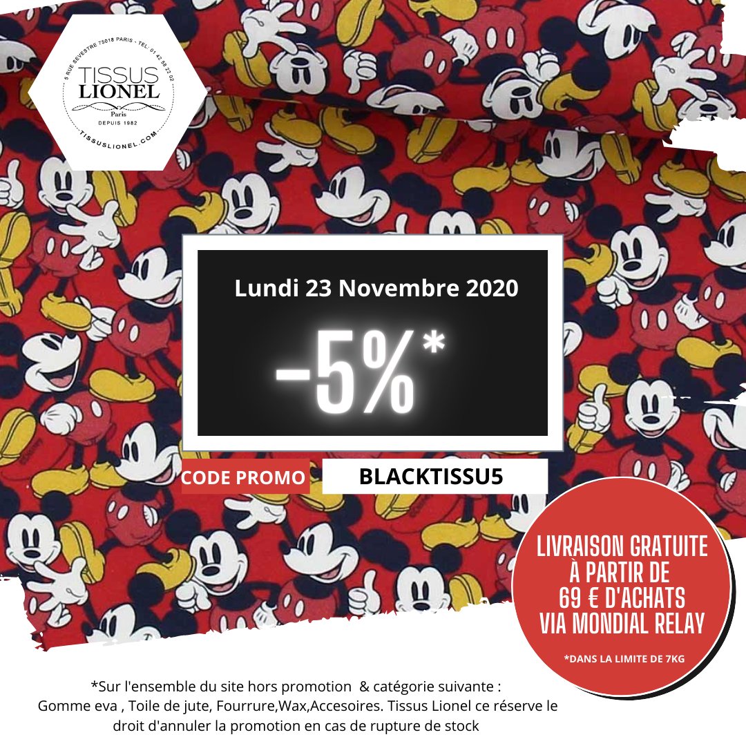 Première offre  du Black Friday🇨🇵 Tissus lionel 5 % de réduction sur l'ensemble* du site rendez-vous sur buff.ly/2HQN9OO ou rendez-vous tout les jours à 9h sur cette page pour découvrir une nouvelle offre jusqu'au 29 Novembre 2020.  #Marvel #Disney et #HarryPotter.