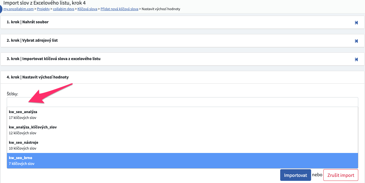 Při hromadném importu klíčových slov ze souboru nově využijete našeptávání štítků z vašeho projektu.