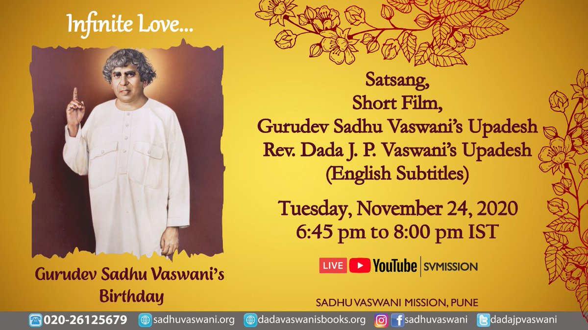 RdNational's tweet photo. On the occasion of Gurudev Sadhu Vaswani's birthday, a spiritual delight, 'Satsang' is organized by Sadhu Vaswani Mission, Pune for three days. 
Do join the programs on YouTube platform at 6.45 pm. 
.
.
.
#RDNC #RDNational #bestcollege #HSNC #college #memories #collegelife https://t.co/ex8gMlDgtk