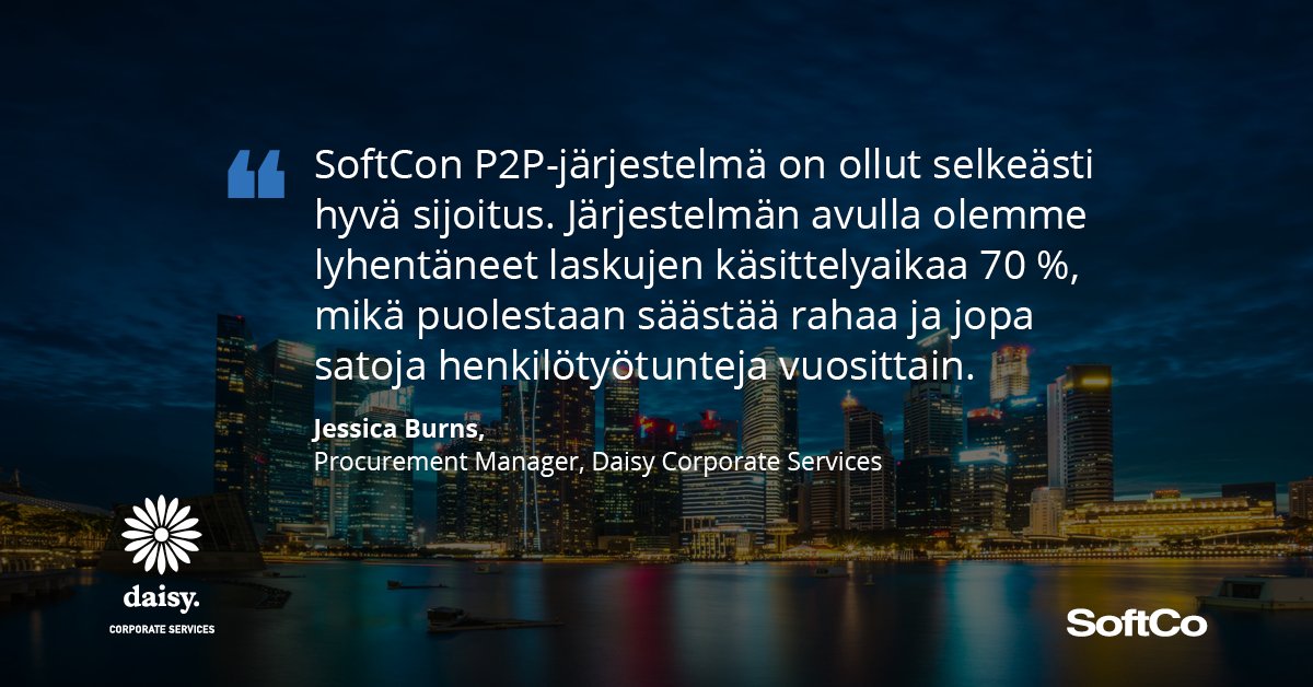 SoftCoSuomi's tweet photo. SoftCon P2P-ratkaisu on auttanut IT- ja pilvipalveluratkaisuja tarjoavaa Daisy Corporate Servicesia lyhentämään laskujen käsittelyyn kuluvaa aikaa jopa 70%.

#automaatio #P2P #ostoreskontra

Lue lisää: https://t.co/zvTWHN5mxc https://t.co/dhHFgftPUy