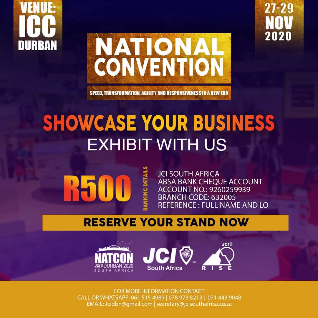 JCISouthAfrica's tweet photo. The annual convention is finally here. This week all roads lead to Durban.Take advantage of the  registration special lest you're still to register to attend the convention. 

#NATCON2020
#MegaTransformationForSustainableImpact
#MT4SI
#BridgingTheGap
#STAR
#JCISouthAfrica🇿🇦🇿🇦 https://t.co/QuwuvfFfdH