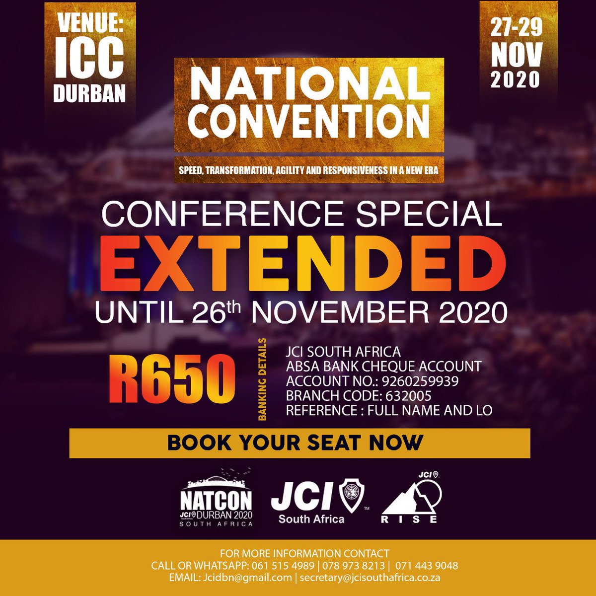 JCISouthAfrica's tweet photo. The annual convention is finally here. This week all roads lead to Durban.Take advantage of the  registration special lest you're still to register to attend the convention. 

#NATCON2020
#MegaTransformationForSustainableImpact
#MT4SI
#BridgingTheGap
#STAR
#JCISouthAfrica🇿🇦🇿🇦 https://t.co/QuwuvfFfdH
