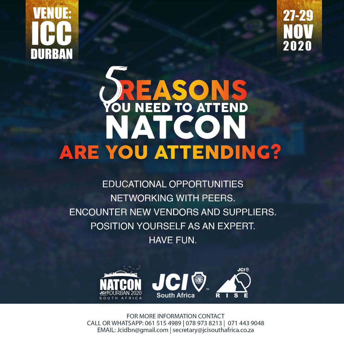 JCISouthAfrica's tweet photo. The annual convention is finally here. This week all roads lead to Durban.Take advantage of the  registration special lest you're still to register to attend the convention. 

#NATCON2020
#MegaTransformationForSustainableImpact
#MT4SI
#BridgingTheGap
#STAR
#JCISouthAfrica🇿🇦🇿🇦 https://t.co/QuwuvfFfdH