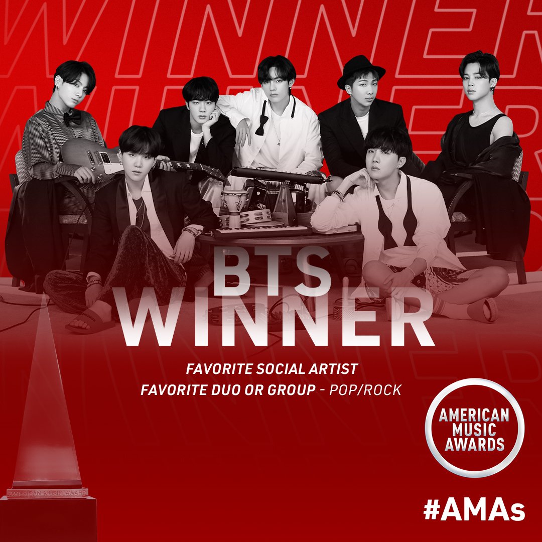 VOTE FOR JIMIN¹³ (SLOW)'s tweet - "Congratulations @BTS_twt for winning  these awards at the AMA 2020! ?? ? Favorite Social Artist ? Favorite  Duo or Group - Pop/Rock #BTS #AMAs #BTSxAMAs " - Trendsmap