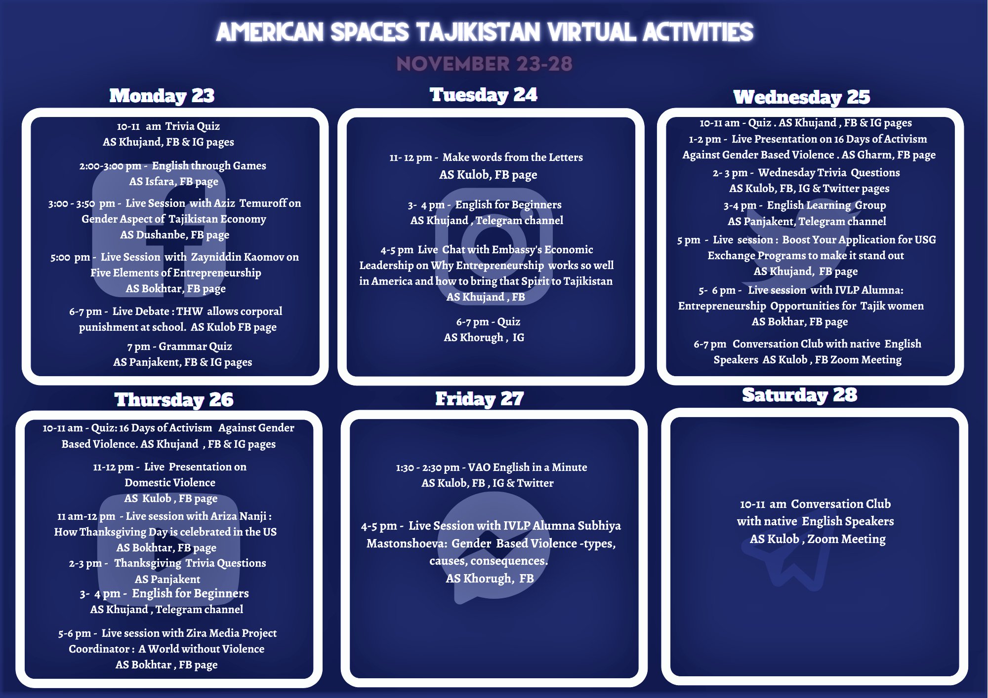 American Space Bokhtar On Twitter American Spaces Tajikistan Calendar Of Virtual Activities November 23 28 Stay Safe And Tuned Join Our Live Sessions Americanspacestajikistan Weeklyscheduleofvirtualprograms