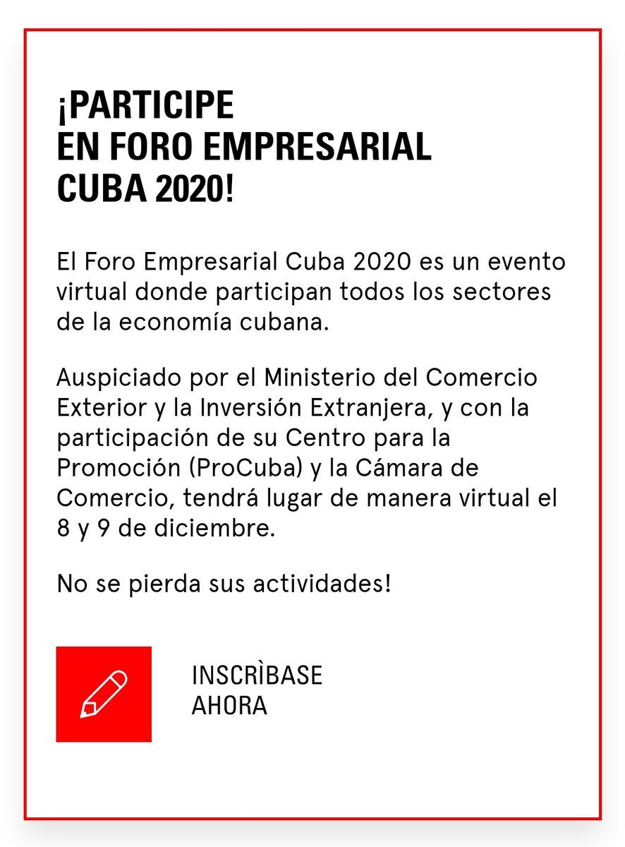 OfiEconCubaRoma's tweet photo. #Cuba Foro Empresarial 2020 evento virtual para establecer contactos comerciales en un escenario de crisis económica mundial #MasInversiones #MasExportacion
#FECuba2020 #MINCEX @EmbaCubaItalia @JoseCarlosRguez @MINCEX_CUBA @StampaEmbaCuba https://t.co/VMqtr3pe0E