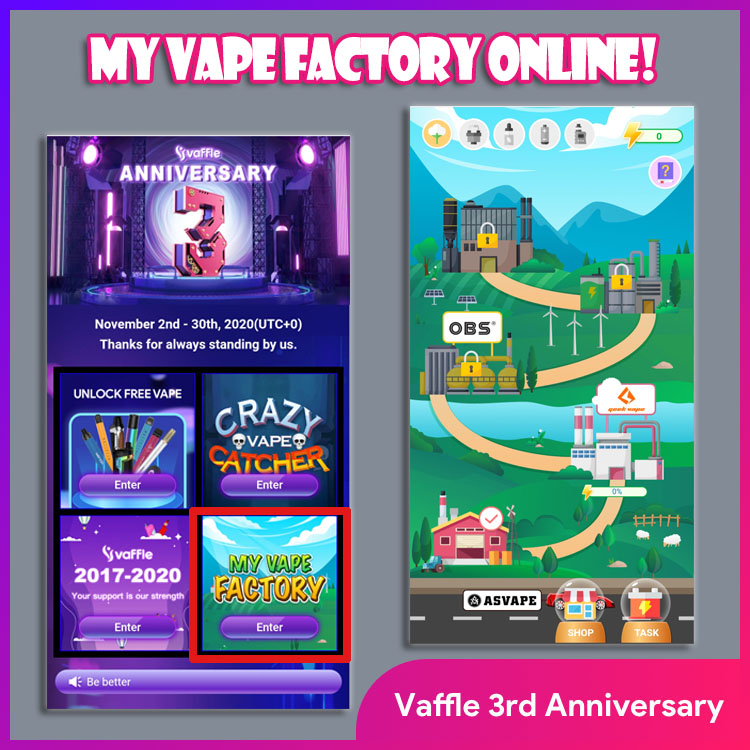 vafflecom's tweet photo. "My Vape Factory" finally online! Play game and win vape gifts! Don't be too addicted.[耶]
Produce vape parts - visit the game shop - redeem device. 

registering in #Vaffle with code 318895618>  https://t.co/1DEmpElmo1   

#vape #vapejapan #vapedesign #電子タバコ https://t.co/Tbrn09uSq4