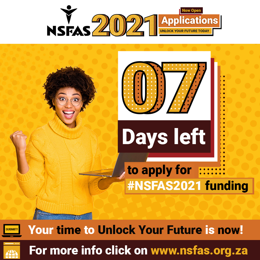 myNSFAS's tweet photo. 7 Days left to apply for NSFAS funding, apply now on https://t.co/PYITlRu8eL or visit your nearest NYDA Centre.  Do not wait until the last minute, applications close 30 November 2020 #NSFAS2021 https://t.co/fJSqjJcIk2