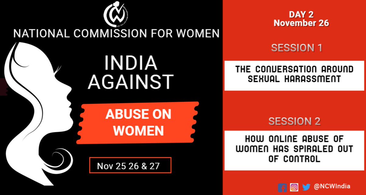 NCWIndia's tweet photo. Join us for a 3-day virtual discussion, "India Against Abuse on Women" where on Day 2 we will discuss sexual harassment faced by women and the different forms of abuse they face in the cyber space. Register now ๐
https://t.co/QmSa8DlXEb
#EndAbuse
#SpeakOutNow
@MinistryWCD https://t.co/d3WHpJVmEZ