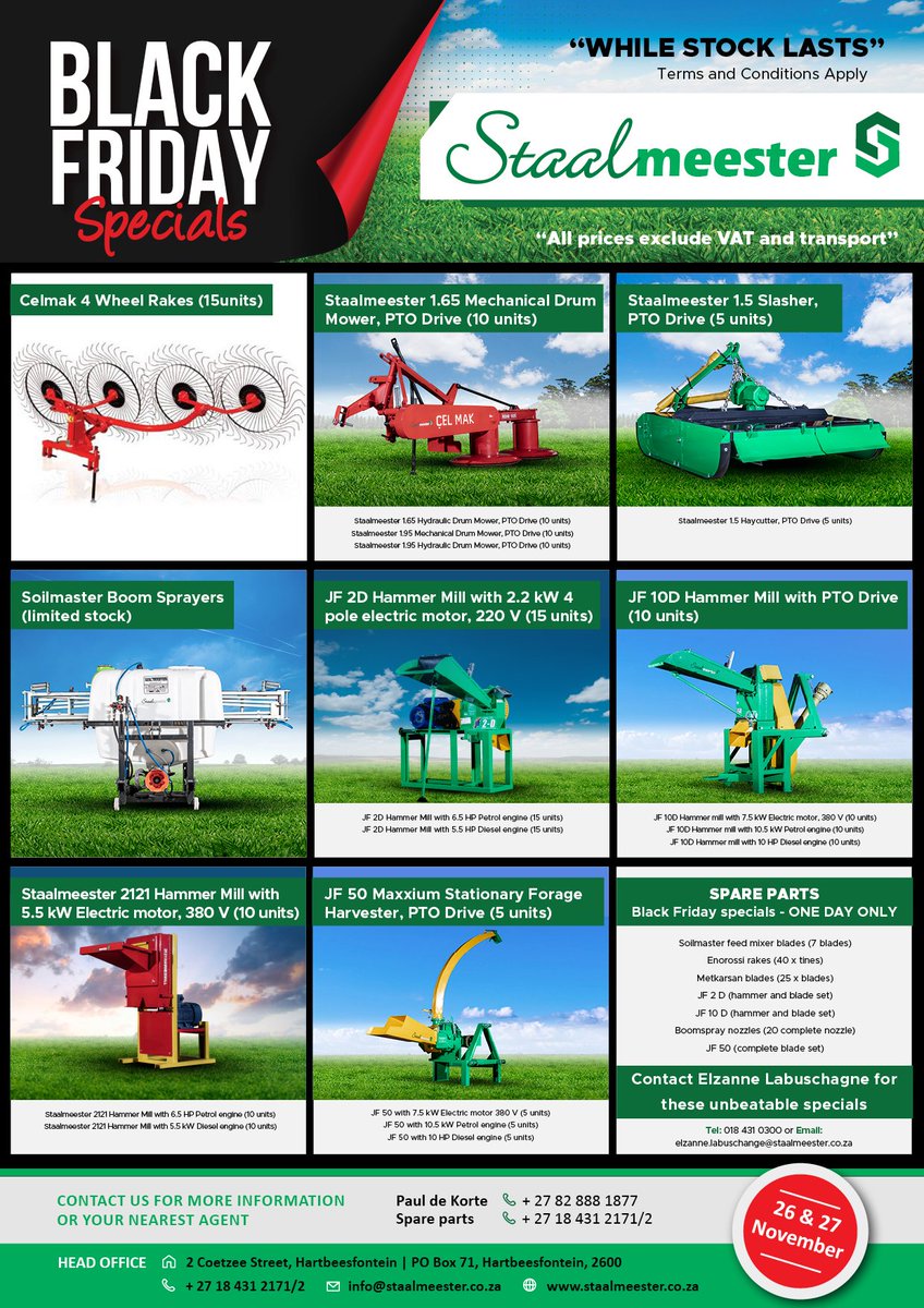 StaalmeesterAg's tweet photo. *26 and 27 November!!* @StaalmeesterAg #Staalmeester #celmak #soilmaster #jfmaquinas #Rake #drummower #slasher #boomsprayer #Hammermill #forageharvester #BlackFridayDeals https://t.co/BtYrk2PCi0