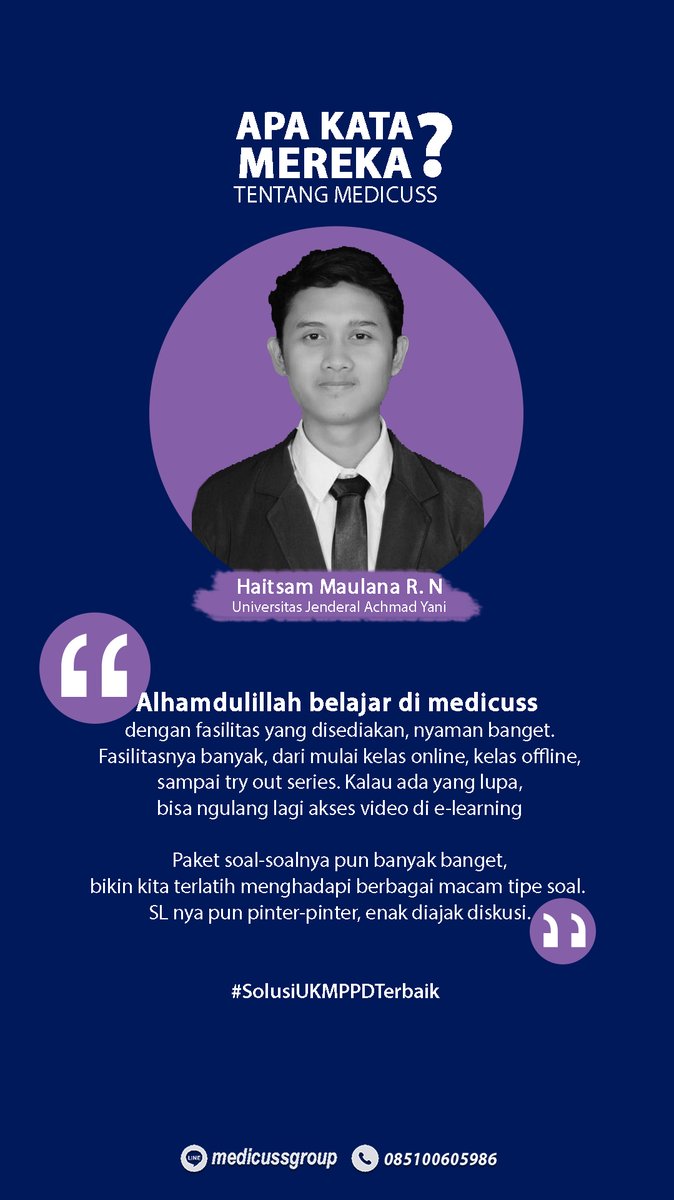 APA KATA MEREKA Tentang Medicuss?? Salah satu bukti keberhasilan Medicuss mengantarkan pesertanya Lulus ONE SHOOT UKMPPD!
Terimakasih kak <a href="/haitsammaulana/">Rizky Novalta</a> sudah memilih Medicuss sebagai tempat bimbingan untuk UKMPPD. 
#solusikumedicuss #UKMPPD  #medicussgroup #bimbinganukmppd