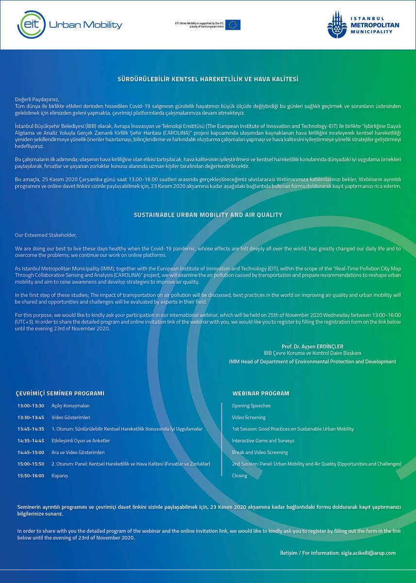 📌We are waiting for your participation in our Sustainable Urban Mobility and Air Quality Webinar which will be held on the 25th of November Wednesday between 13:00-16:00 (UTC+3). 

Registration Link: forms.office.com/Pages/Response…