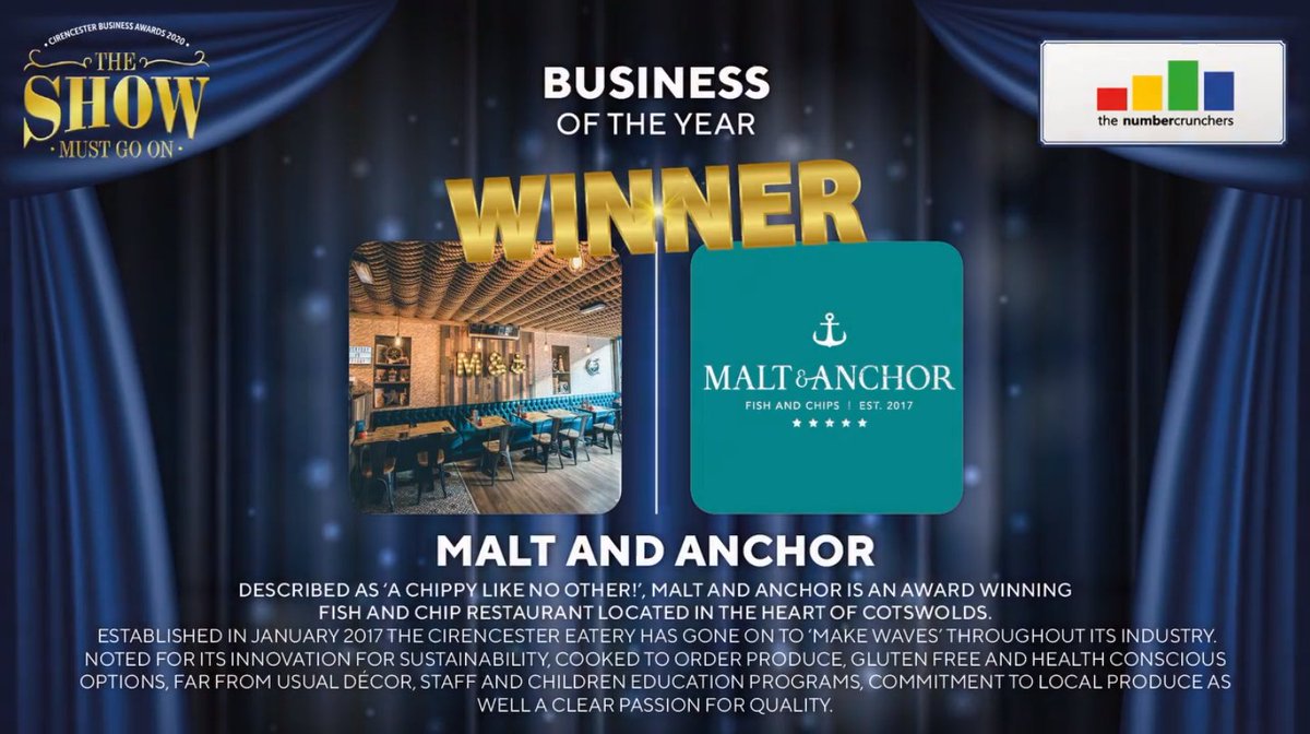 The WINNER of the Business of the Year Award is Malt and Anchor

Congratulations to the runner-up, Cross Fit Cirencester

We would like to thank The Numbercrunchers who have sponsored this Award