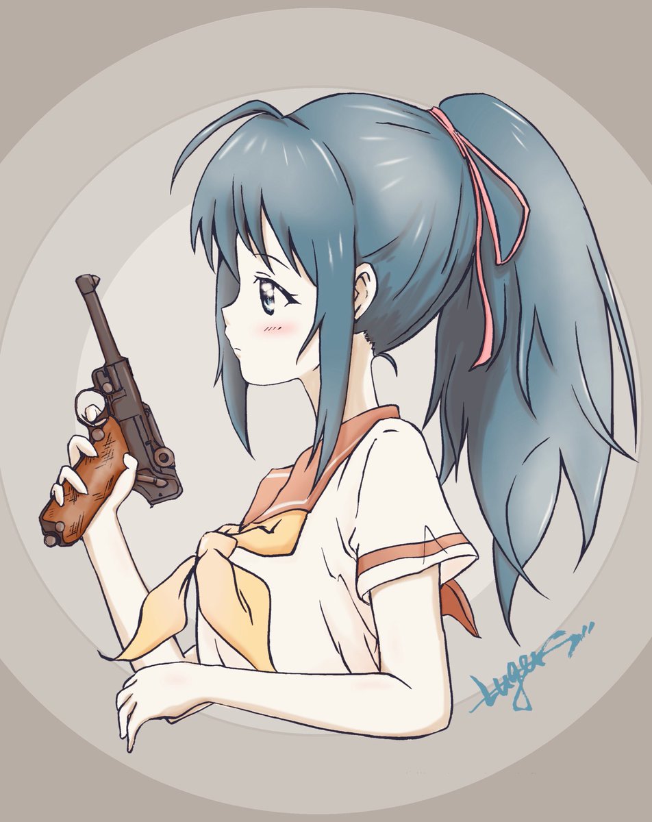 相変わらず女の子は最初に目から描いてバランス取ってます?
#一発描き 
#拳銃 