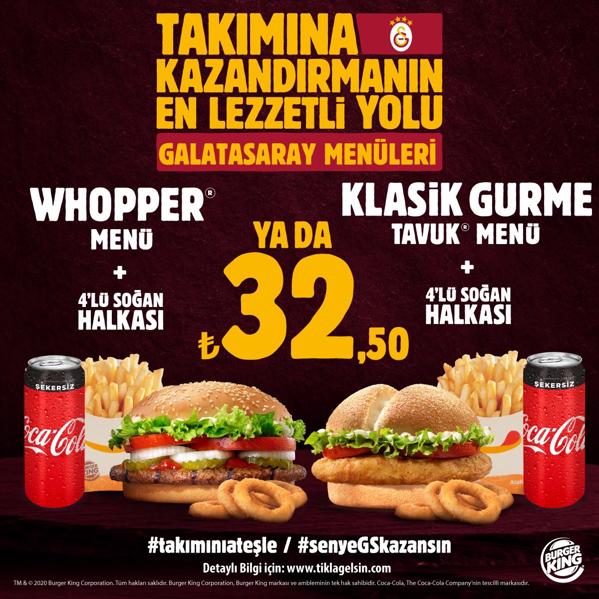 Galatasaraylı takımına olan aşkını Burger King®️’de ateşliyor! Haydi Sarı Kırmızılı, Burger King®️ Taraftar Menüleri'yle şimdi Tıkla Gelsin®️, Galatasaray seninle birlikte kükresin!

👉 tiklagelsin.com/galatasaray