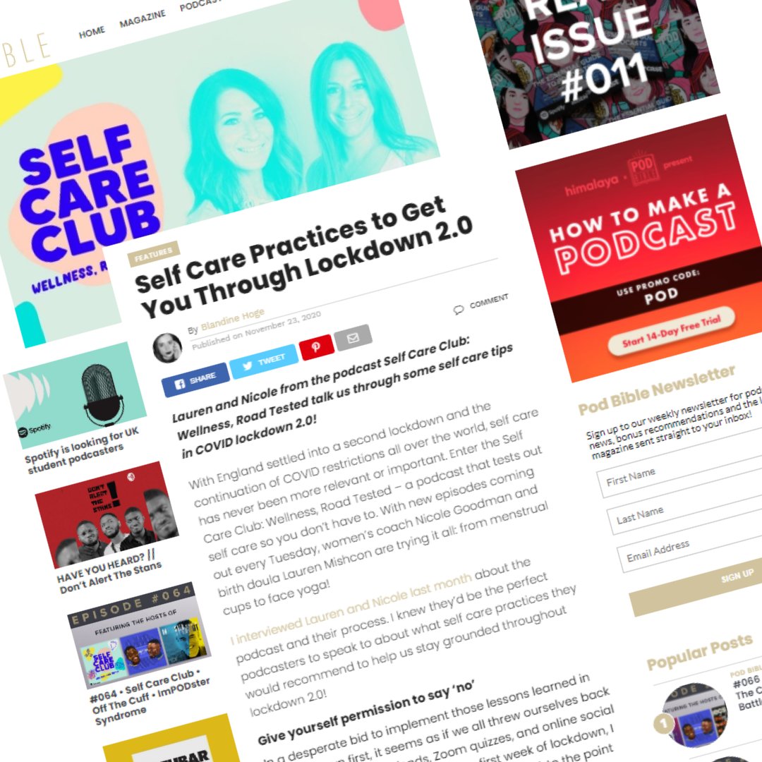 podbible's tweet photo. NEW ARTICLE // Self Care Practices to Get You Through Lockdown 2.0

Lauren and Nicole from @selfcareclubpod talk us through some self care tips in COVID lockdown 2.0!
#COVIDselfcare #Selfcarepodcast #podcastarticle
https://t.co/vh9fZzVoSr https://t.co/1hMu4jXKij