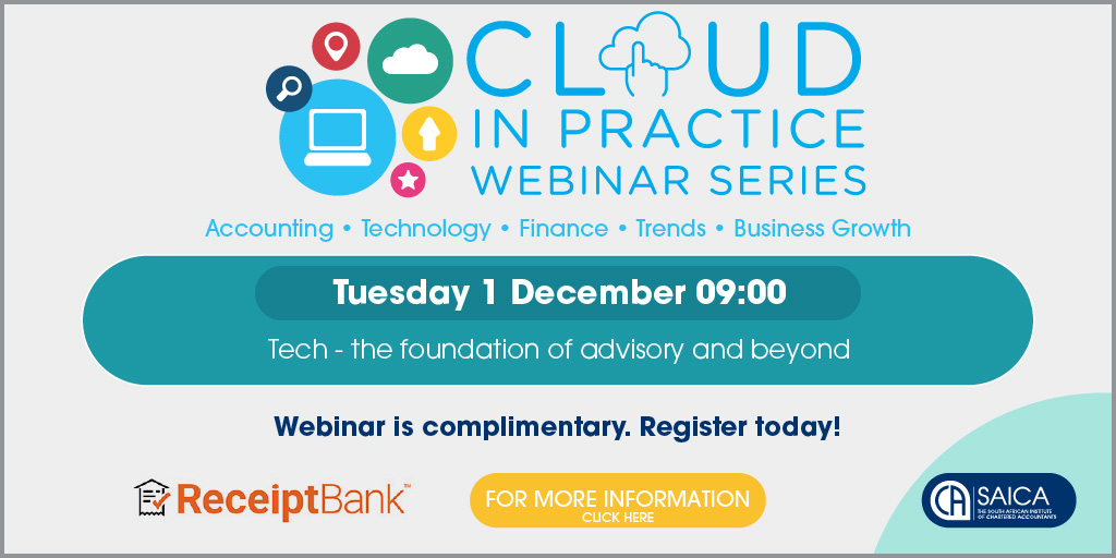 saica_za's tweet photo. 🎦Join the 2020 SAICA #CloudinPractice webinar series from 30 November to 4 December. 'Tech - The foundation of advisory and beyond'. Register to join at https://t.co/hlcKddXRua #SAICACloudinPractice2020 @Xero @SageGroupZA @Intuit @Receipts_Alex @ReceiptBank @LBarnardt @OCFOza https://t.co/c6PXAvYL9u