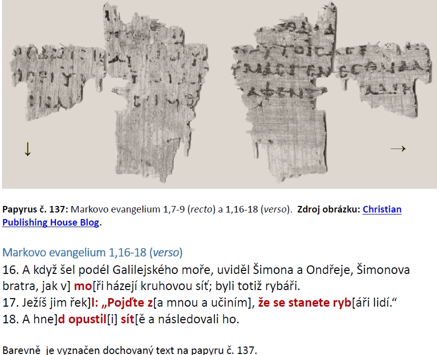 Papyrus č. 137: Nejstarší dochovaný text Markova evangelia
(175-225 po Kr.)

Nejstarší skupinu řeckých rukopisů Nového zákona tvoří texty psané na papyru. Většina z nich pochází z Egypta a byly nalezeny na konci 19. nebo 20. stol. Mezi ně patří nedávno publikovaný papyrus č. 137.