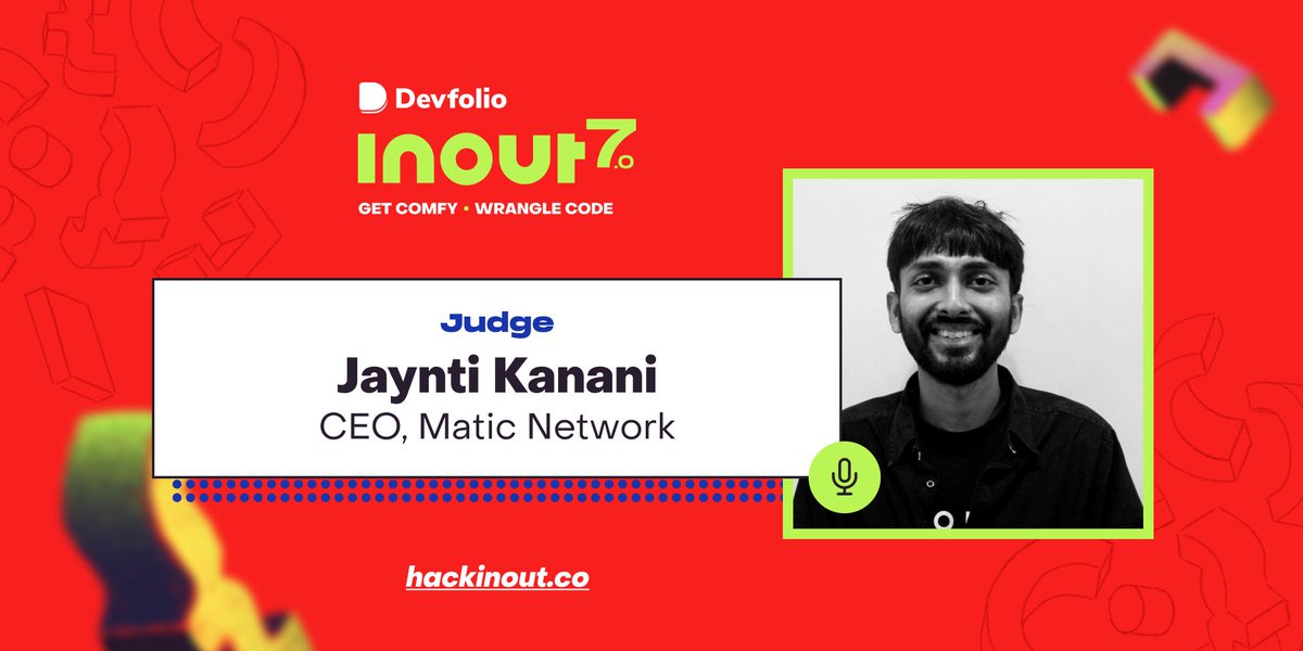 hackinoutco's tweet photo. 🥳 We're excited to introduce you to the stellar panel of judges at #hackinout 7.0 ✨
Say hello 🤝 to @_jdkanani
Jaynti is Co-Founder & CEO @maticnetwork🚀
He's a full-stack developer, blockchain engineer & a contributor to Web3, Plasma, WalletConnect 🌟 https://t.co/TtTL1ra5oN