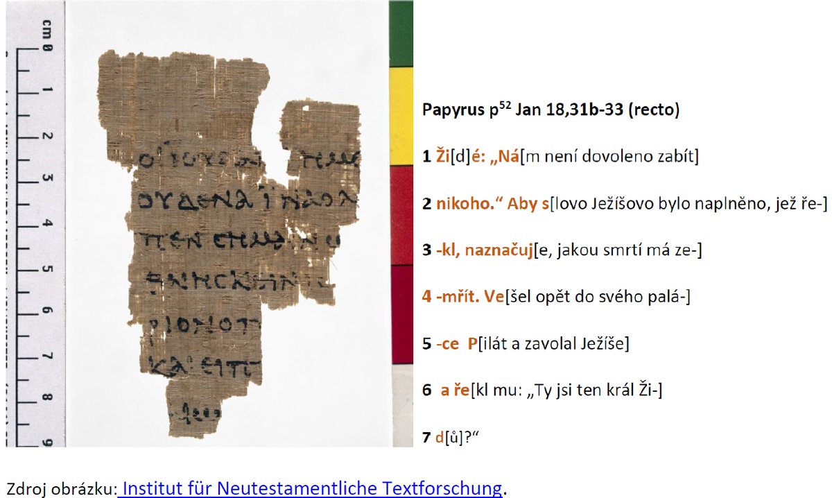 Papyrus č. 52: Nejstarší zlomek evangelijního textu (100-150 po Kr.)

Mezi nejstarší novozákonní rukopisy patří Rylandsův papyrus, který v r. 1935 uveřejnil profesor Colin H. Roberts (1909-1990) z John Rylands Library v Manchesteru.  text z 18. kap. Janova evangelia.