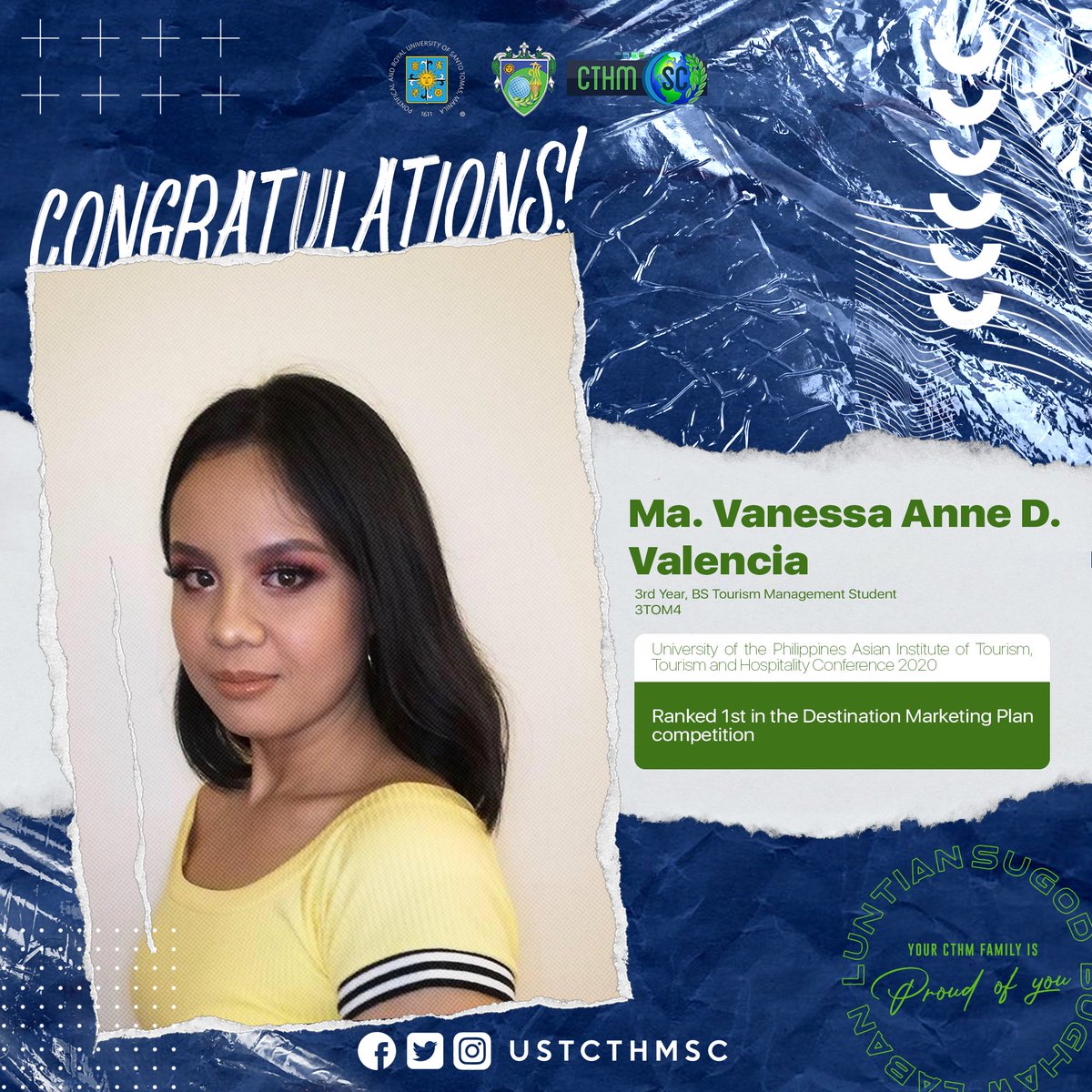 USTCTHMSC's tweet photo. Our fellow CTHM students won the following categories at the University of the Philippines - Asian Institute of Tourism, Tourism and Hospitality Conference 2020 (UP AIT). Congratulations! 👏🤗

Your CTHM family is so proud of you! 💙💚

#CTHMSC2020
#CTHMPride

[1/2] https://t.co/Jf4yIAcptR