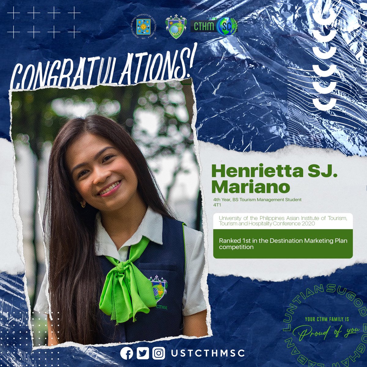USTCTHMSC's tweet photo. Our fellow CTHM students won the following categories at the University of the Philippines - Asian Institute of Tourism, Tourism and Hospitality Conference 2020 (UP AIT). Congratulations! 👏🤗

Your CTHM family is so proud of you! 💙💚

#CTHMSC2020
#CTHMPride

[1/2] https://t.co/Jf4yIAcptR