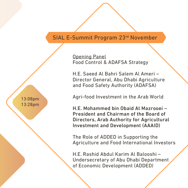 Arab_Authority's tweet photo. H.E. Mohammed bin Obaid Al Mazrooei President of the #AAAID Chairman of the Board of Directors as a keynote speaker at the opening session of the F&B Networking Hub by #SIALME.
H.E will speak about the Agri-food Investment in the #ArabWorld https://t.co/3CofOJxP5U