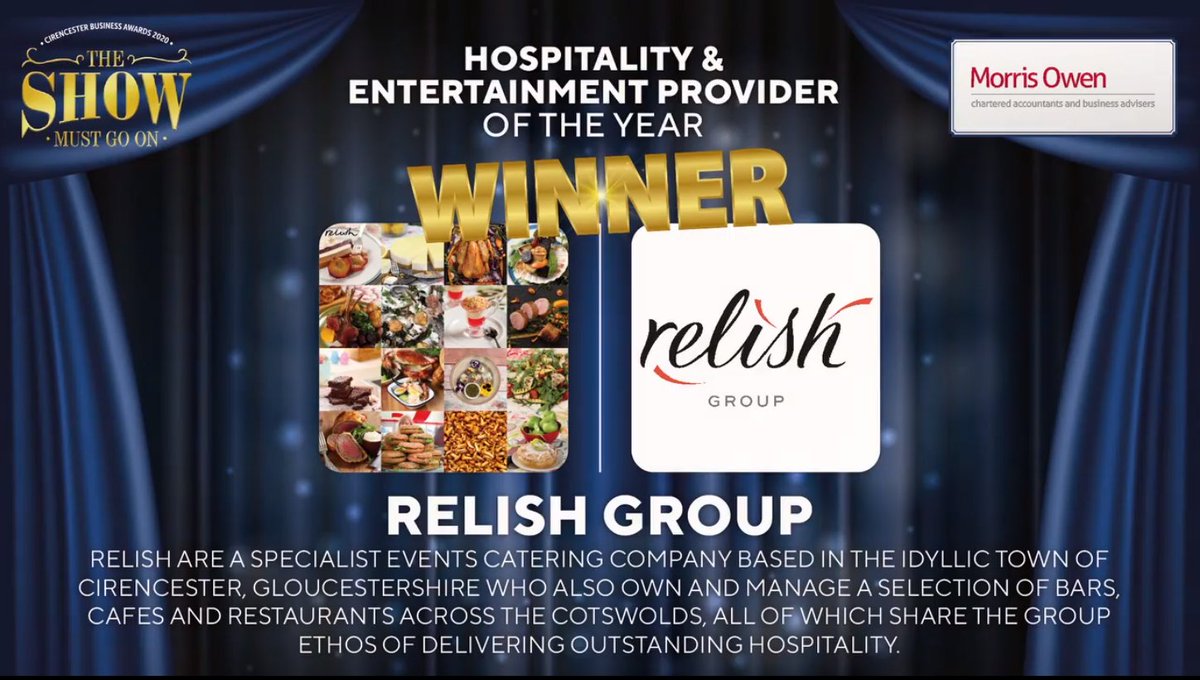 The WINNER of the Hospitality and Entertainment Provider of the Year Award is Relish Group 

Congratulations to the runner-up Tierra and Mar

A big Thank You to Morris Owen Chartered Accountants who have sponsored this Award