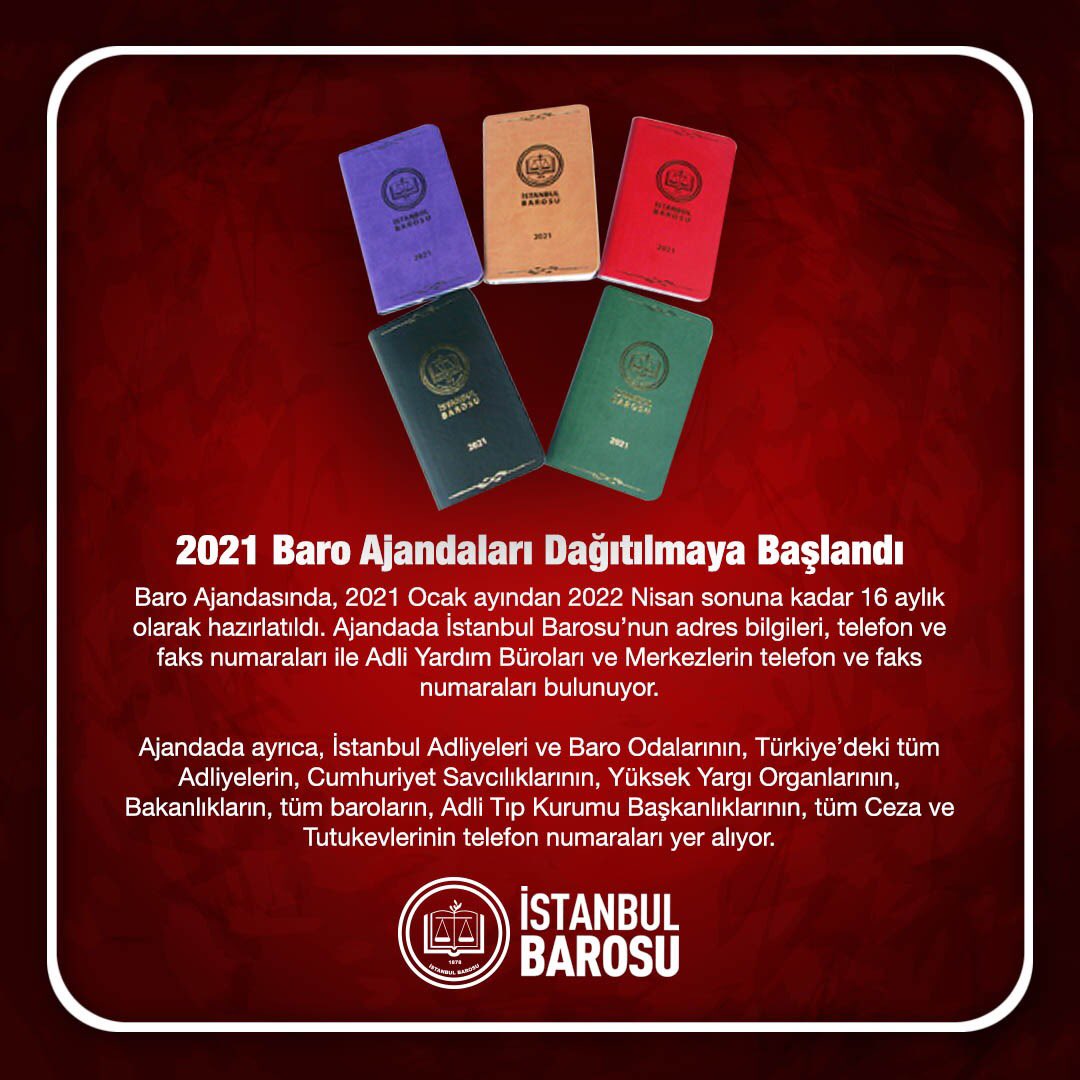 istanbul barosu on twitter istanbul barosu nun uyeleri icin hazirlattigi 2021 yili baro ajandasi dagitimina baslandi meslektaslarimiz bes ayri renkte basilan baro ajandalarini baro merkezinden istanbul adalet sarayindaki baro unitesinden