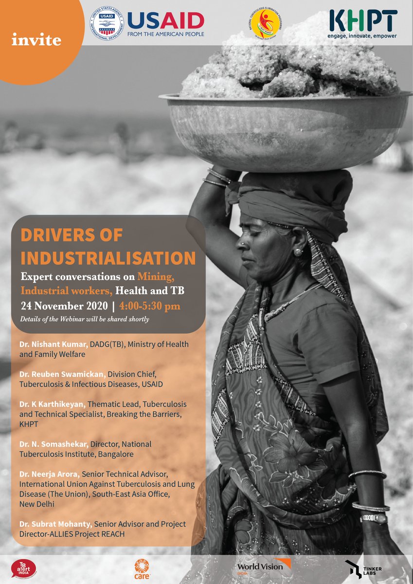 khpt4change's tweet image. Join us on 24 Nov 2020 us02web.zoom.us/j/85457162575 as we focus on multiple vulnerabilities of mining and industrial population. @CAREIndia @tbalertindia National Tuberculosis Institute, @SpeakTB #endTB @TBHDJ @StopTB @TbDivision