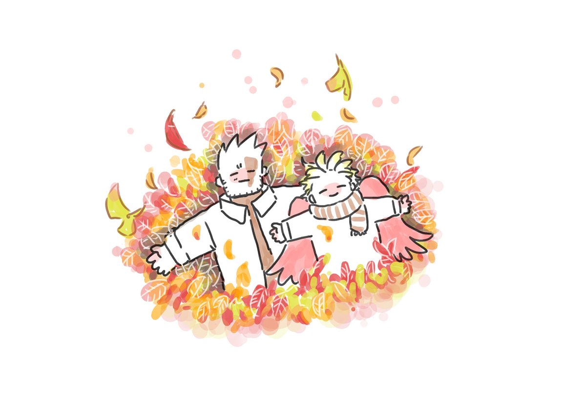 お題 落ち葉の山に埋もれるエンデヴァーさんとホークス ちぇろのイラスト